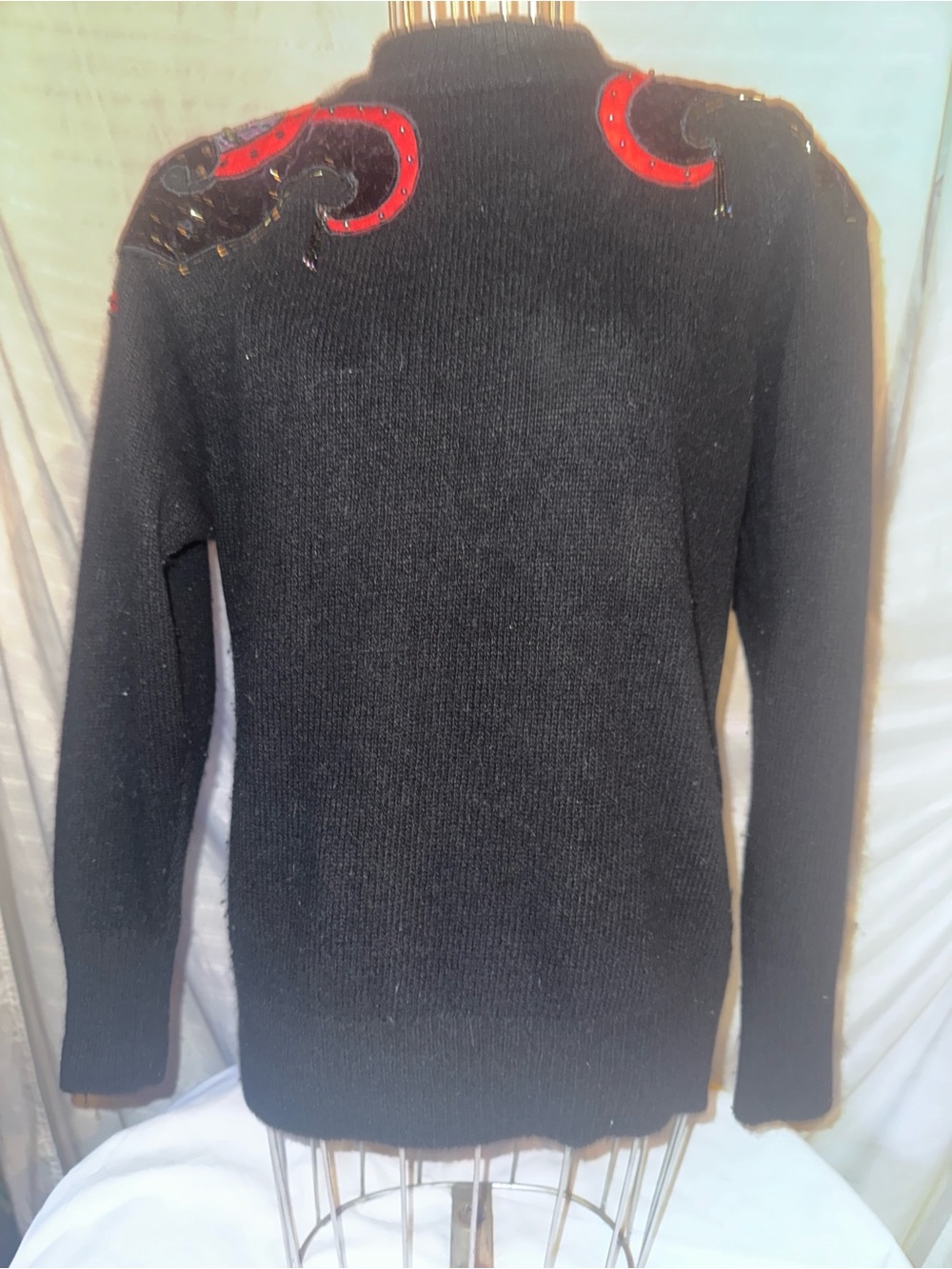 Black Silk/Angora Sweater with Red Sequence Swirl Appliqués, Large